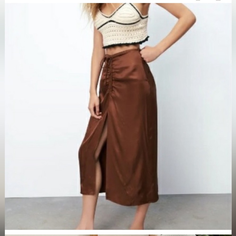 Zara Brown GATHERED SATIN HighWaist Midi Skirt Tie Front High Slit sz M EUC
